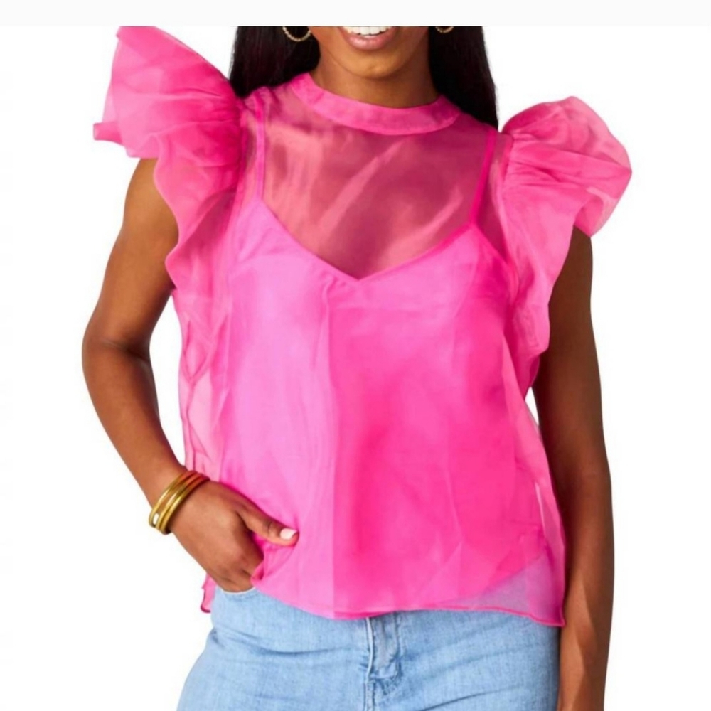 Pink sheer blouse with crew neck and puff sleeves